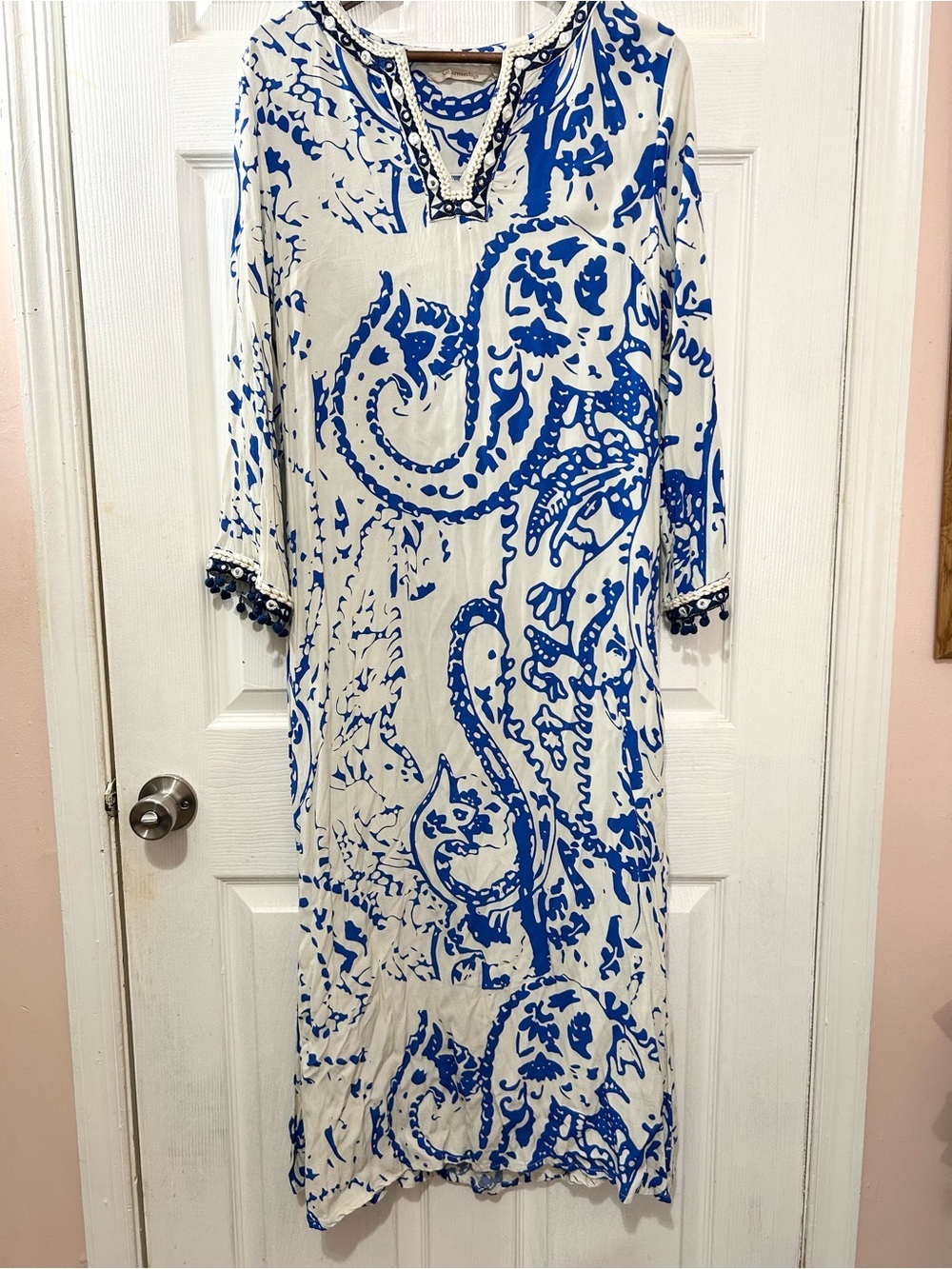 Soft Surroundings Blue White Paisley Print Maxi Dress Boho Caftan Style S